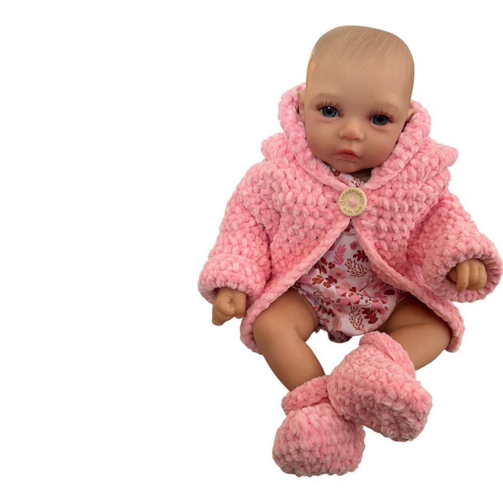 Handmade Pink Chenille Newborn Baby Hoodie & Booties Set Bear Ears Soft Plush - Picture 10 of 16